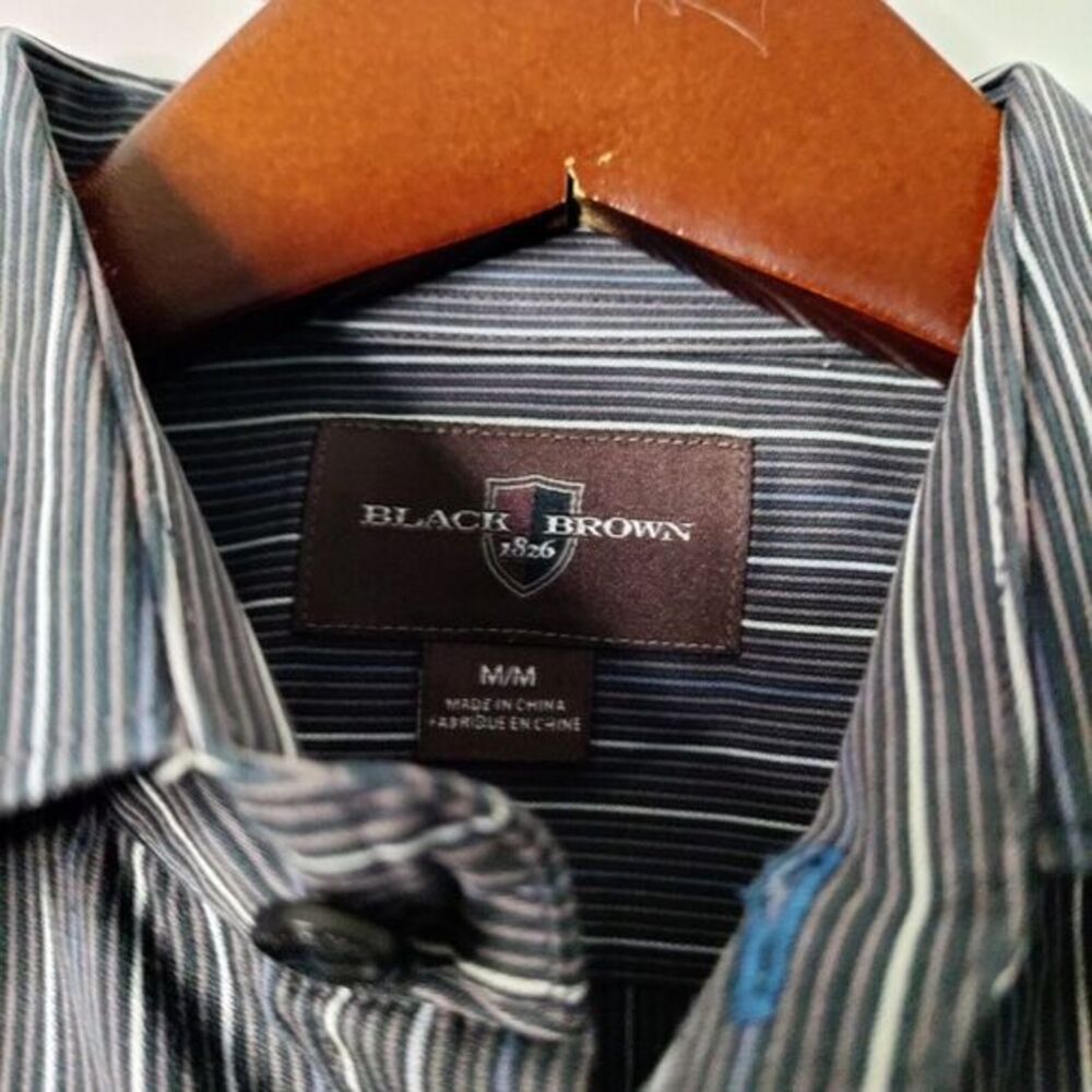 Black Brown 1826 Men M Black/Blue/White Stripe Long Sleeve Button Up Dress Shirt - Picture 3 of 8